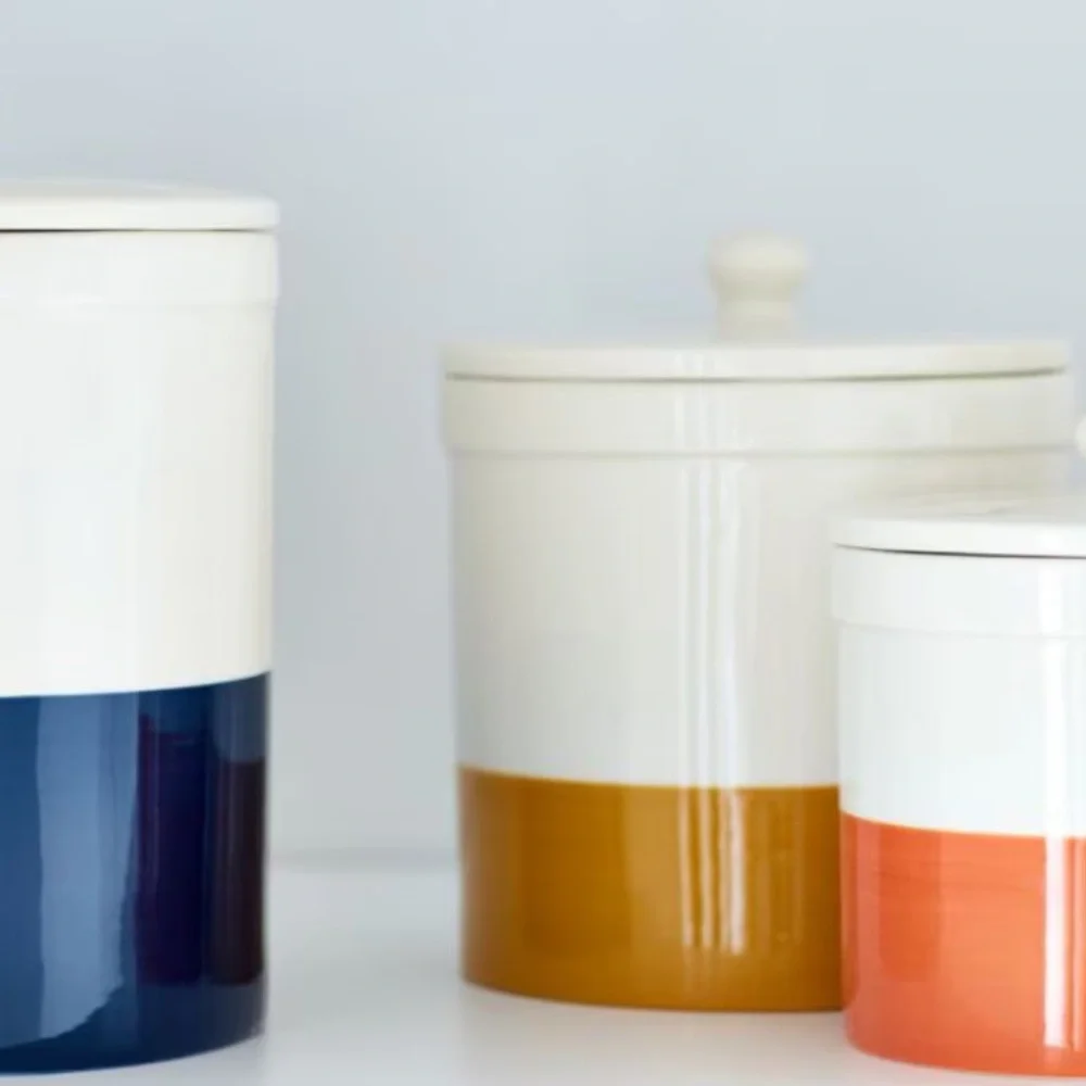 New! Crate&Barrel Medium Ceramic Canister in Mustard Yellow with Lid